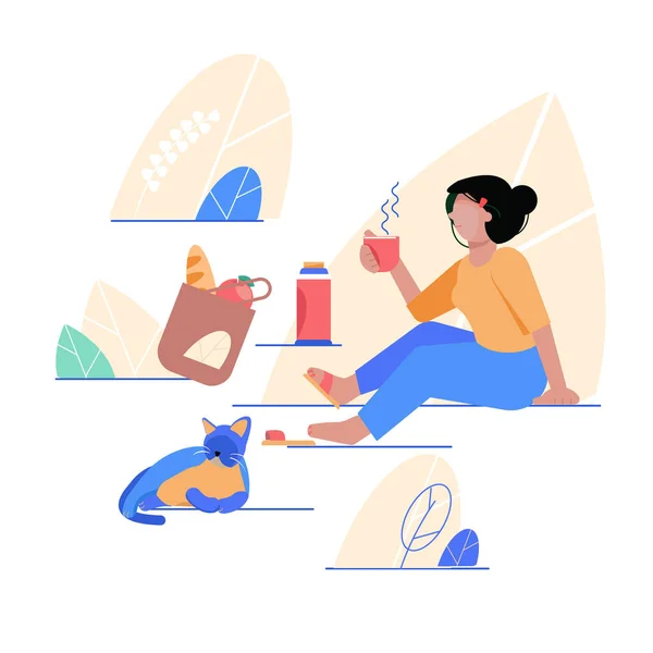 Uma mulher senta-se no parque e bebe café, chá. Ilustração vetorial de estilo plano —  Vetores de Stock