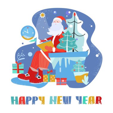 Noel Baba. Yeni yıl Noel kartı. Kırmızı, mavi. Vektör görüntü. Kış tatili