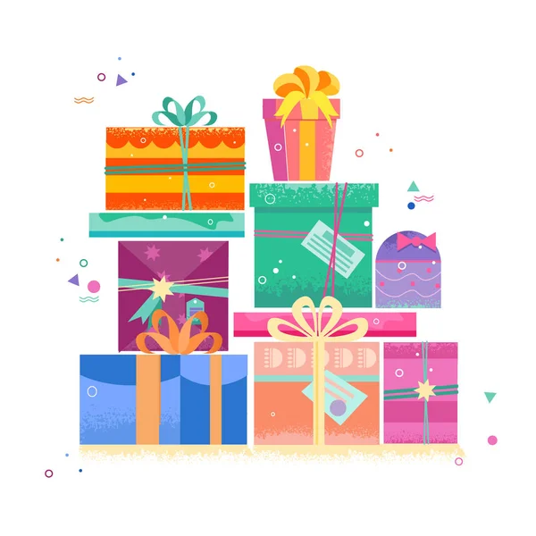 Sada dárkových krabic, dárků, s novoroční jasnou výzdobou. Šablony pro pohlednice. — Stockový vektor
