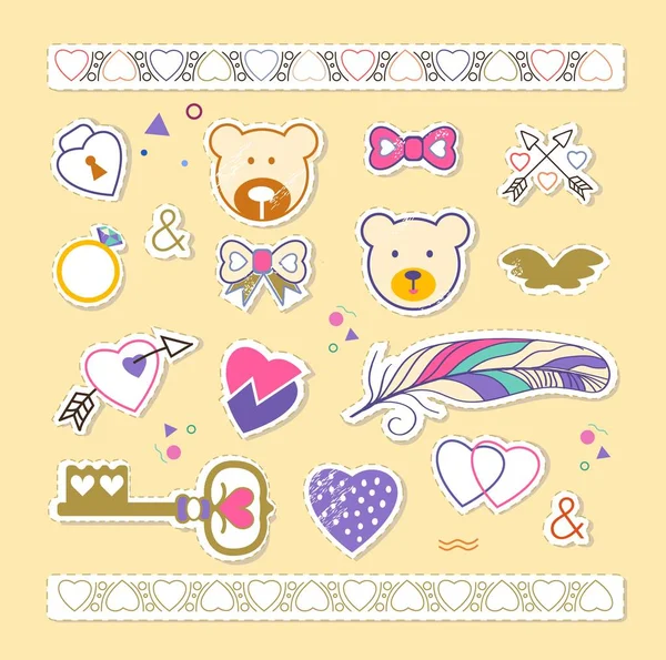 Set of stickers cute bear, hearts and love. Distressed effect.