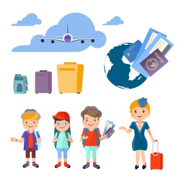 Uçak yolcuları ve hostes. Biletler ve pasaport. Hava yolculuğuna.