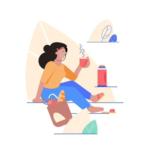 Een vrouw zit in het park en drinkt koffie, thee. Platte stijl vector illustratie — Stockvector