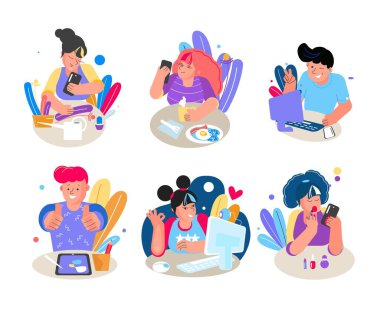 People at computers. Youth with phones. emotions. Girls and boys go about hobby clipart
