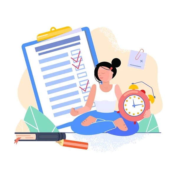 The concept of task and relaxation. The girl is sitting in a yoga pose