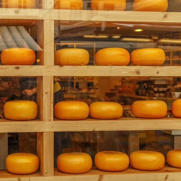 Heads of cheese in store window.