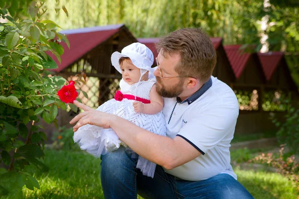 Pai segura a filha a mãos e olhando para a rosa vermelha — Fotografia de Stock