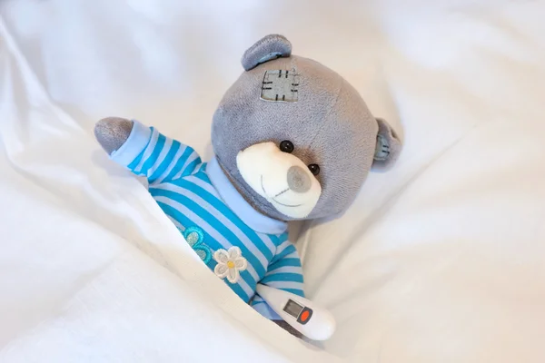soft toy bear holding a thermometer and measure the temperature
