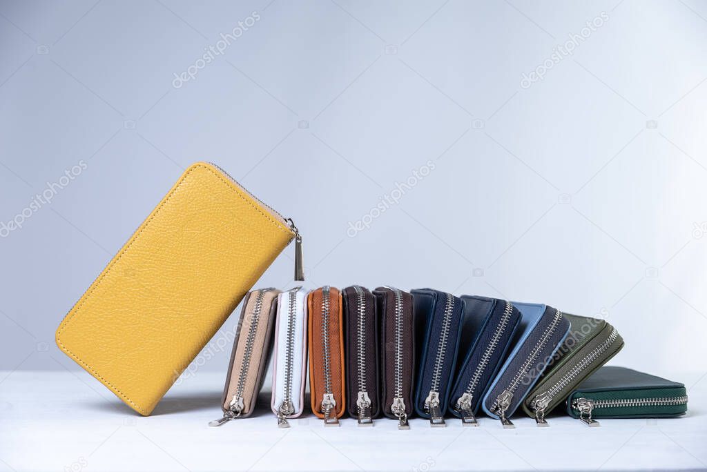 colored leather products wallet are not laid out not a white background in the studio