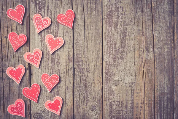 Red Hearts Old Wooden Table Valentine Day Background — Stock Photo, Image