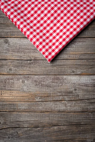 Red Checkered Tablecloth Wooden Table Copyspace — Stock Photo, Image