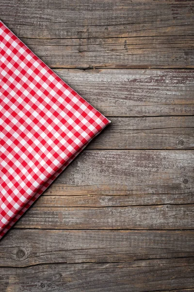 Red Checkered Tablecloth Wooden Table Copyspace — Stock Photo, Image