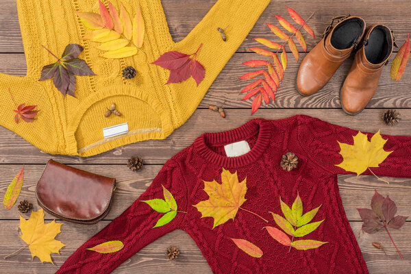 Женский осенний наряд на деревянном фоне
