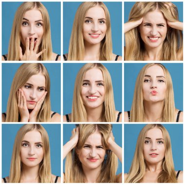 Güzel bir kadının farklı yüz ifadesi ile kolaj
