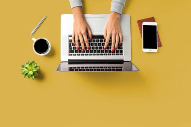 Dizüstü bilgisayarda çalışan kadın.