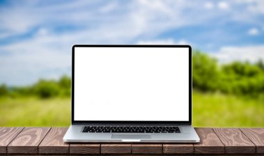 Modern dizüstü ile boş perde. Önden görünüm