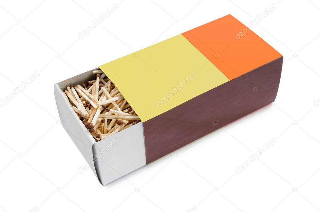 Big half open matchbox filled with matches on white background