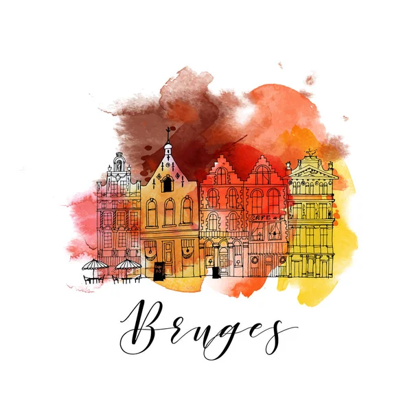 Bruges Mão Desenhado Fundo Vetor Marcos Famosos Manchas Aquarela — Vetor de Stock