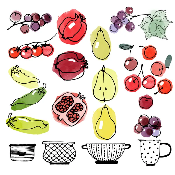 采购产品一组病媒的苹果 迪克斯和水果和蔬菜 矢量草图水彩斑斑 — 图库矢量图片
