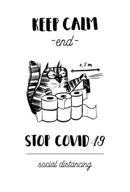 Coronavirüs 'ü durdur. Komik kedi vektör çizimi.