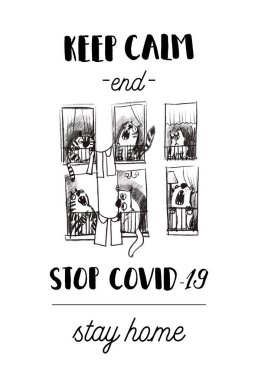 Coronavirüs 'ü durdur. Komik kedi vektör çizimi.