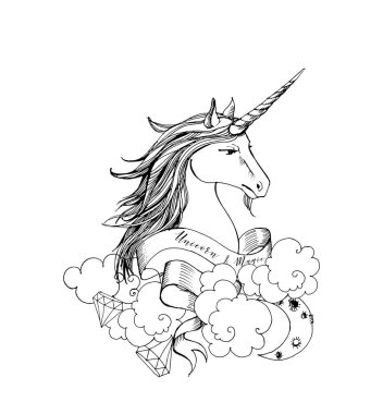 Tek boynuzlu at. El çizimi vektör illüstrasyonu