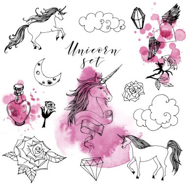 Tek boynuzlu at. El çizimi vektör illüstrasyonu