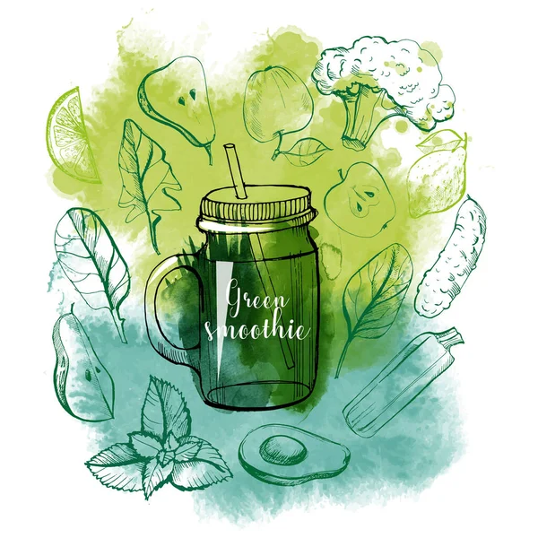 Aquarel Met Hand Getekend Schets Van Smoothie Vectorillustratie — Stockvector