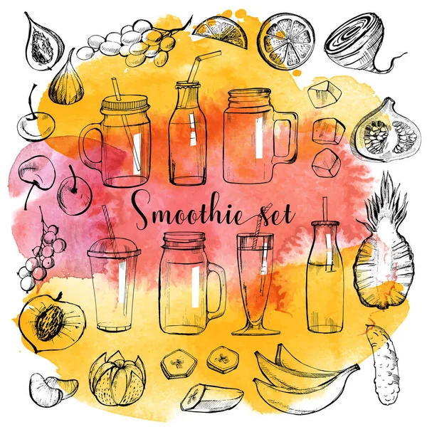 Aquarel Met Hand Getekend Schets Van Smoothie Vectorillustratie — Stockvector