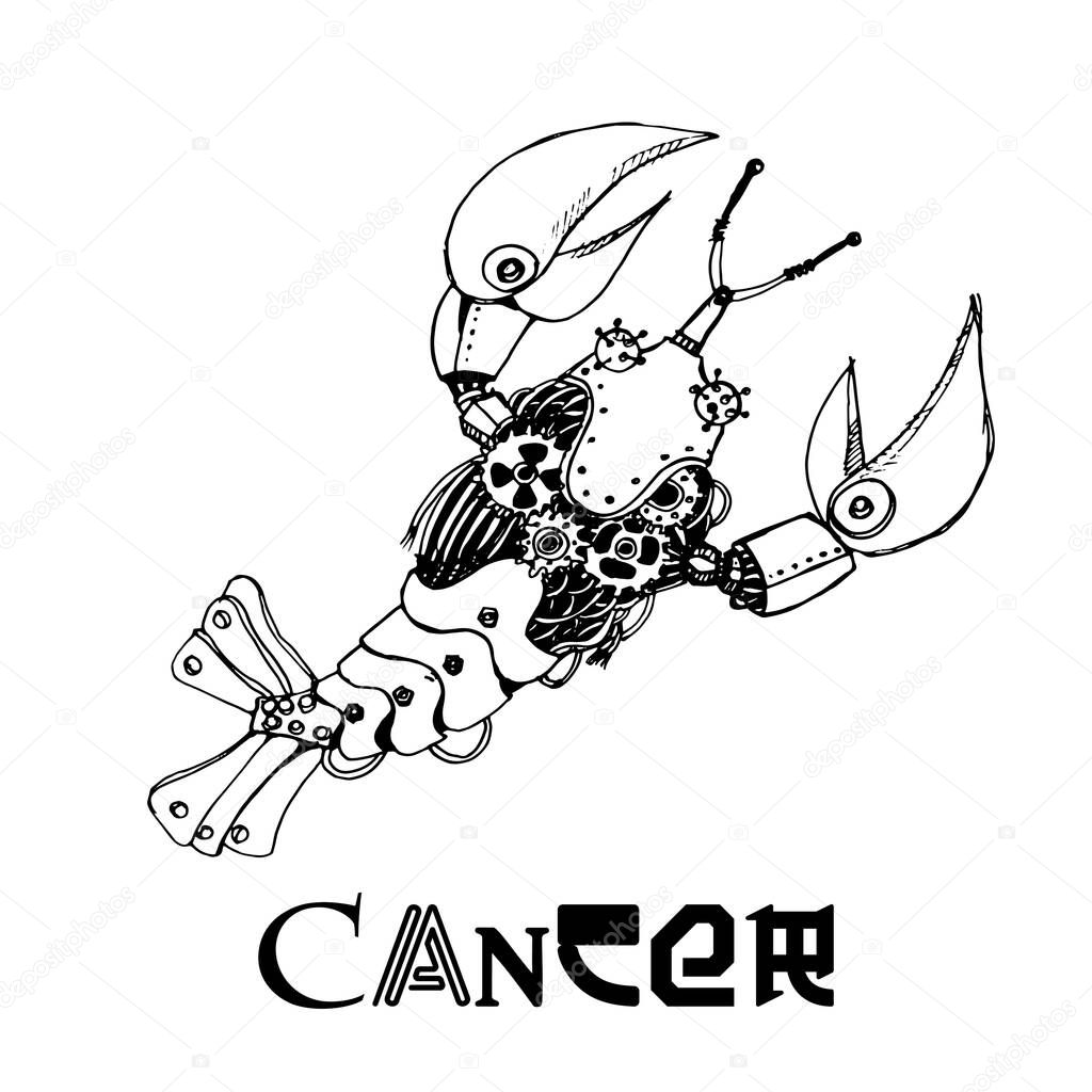 Hand drawn vector sketch of steampunk zodiac. Cancer