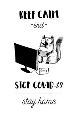 Corona-virüsünü durdur. Komik kedi vektör illüstrasyonu. 