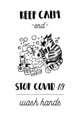 Corona-virüsünü durdur. Komik kedi vektör illüstrasyonu. 