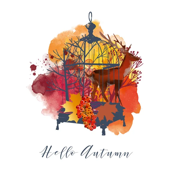 Bonjour Automne Aquarelle Fond Vecteur Cage Oiseaux Avec Feuilles Automne — Image vectorielle