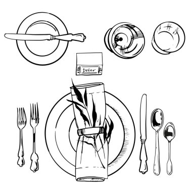 Tabaklar, gözlükler, çatallar ve kaşıklar vektör illüstrasyonlu masa servisi