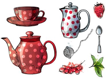 Çay demlikleri, fincanlar ve çöreklerle renklendirilmiş grafikler, kusursuz desenler çizimi 