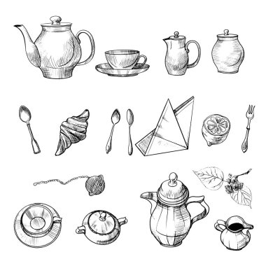 Çay saati, çay demlikleri, fincanlar ve kruvasan dolu şeker kaseleri. Kusursuz desen çizimi 