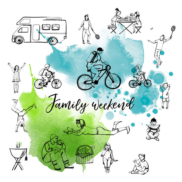 family summer weekend activities concept, watercolor illustration 