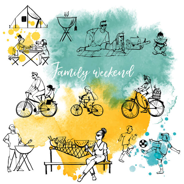 family summer weekend activities concept, watercolor illustration 