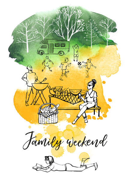summer weekend concept, camp family watercolor illustration