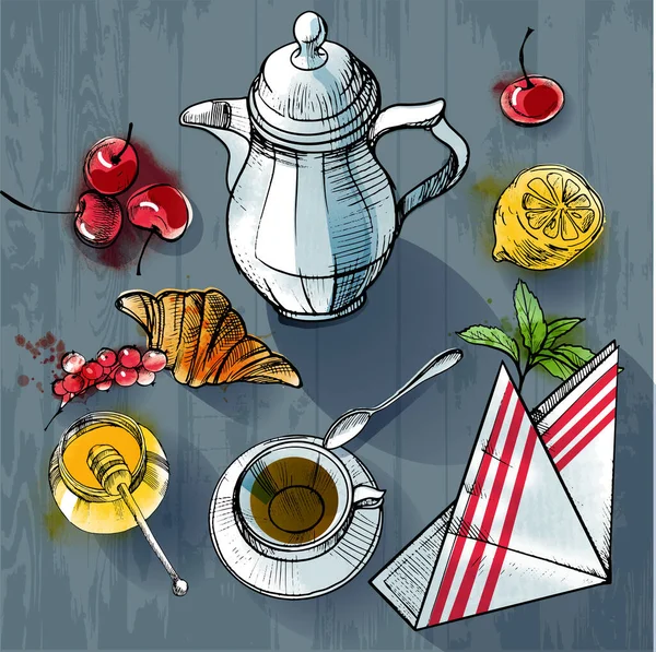 Çay Demlikleri Fincanlar Çöreklerle Renklendirilmiş Grafikler Kusursuz Desenler Çizimi — Stok Vektör