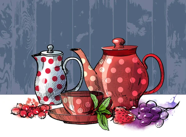 Çay Demlikleri Fincanlar Çöreklerle Renklendirilmiş Grafikler Kusursuz Desenler Çizimi — Stok Vektör