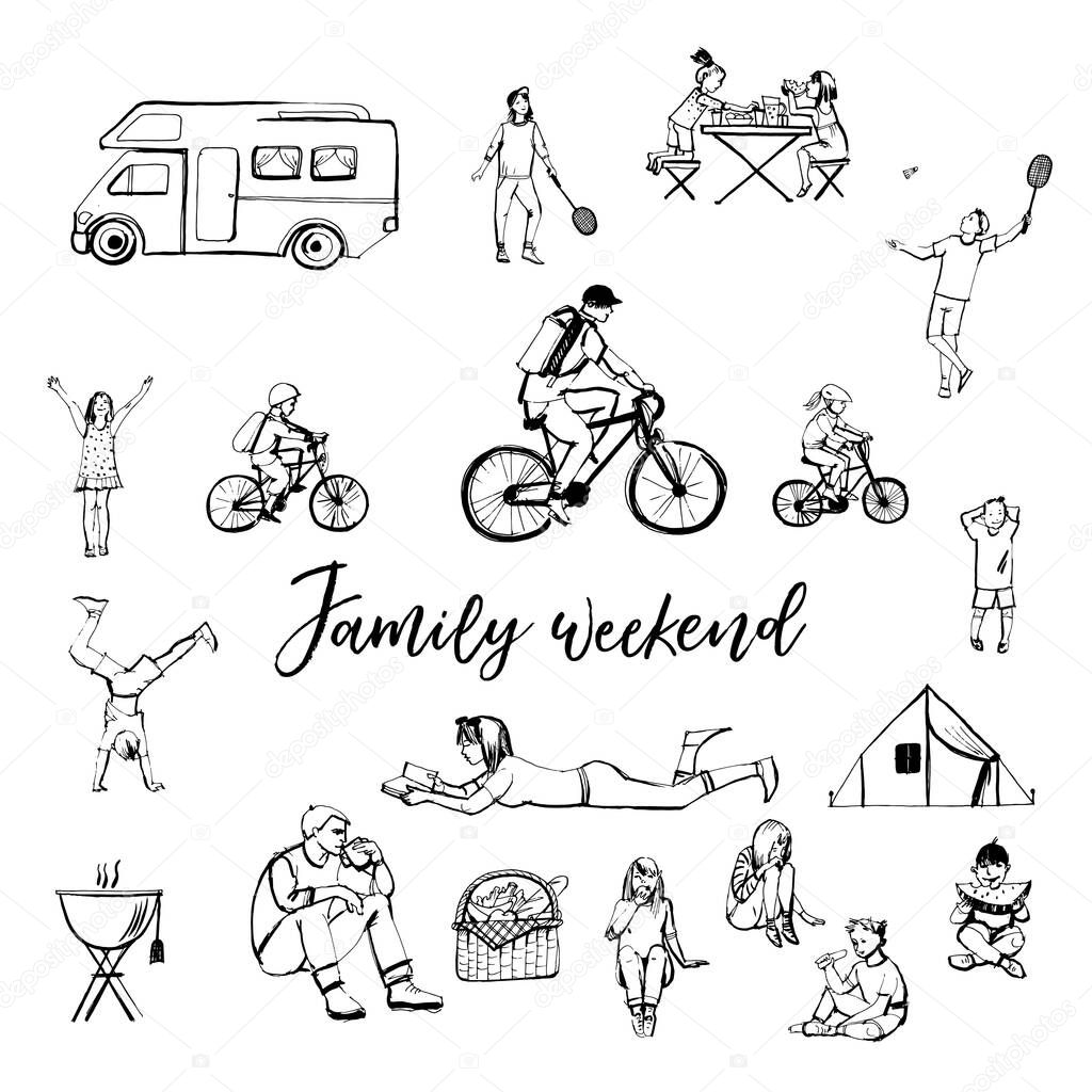 family summer weekend activities concept, vector illustration 