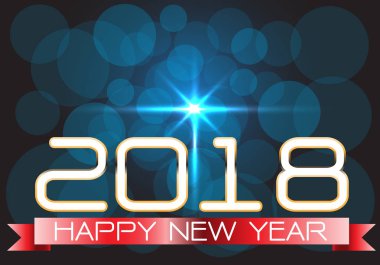 Mutlu yeni yıl 2018 kırmızı kurdele gece mavi tasarım tatil festival vektör için.