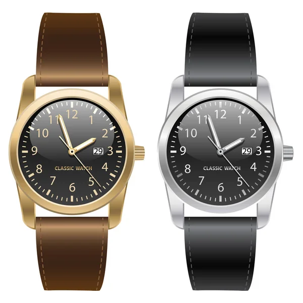 Классические золотые и серебряные наручные часы. Коричневый и черный ремень на белом фоне . — стоковый вектор