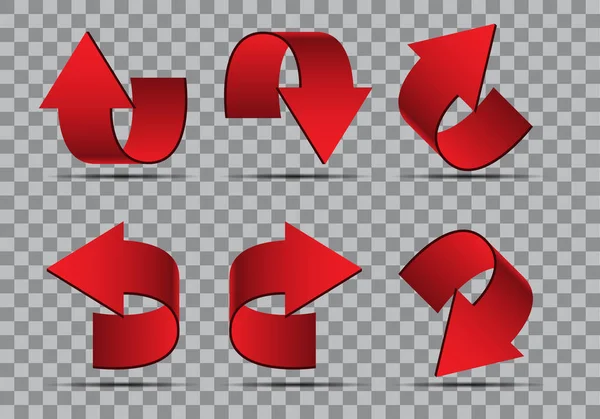 Rote Pfeilkurve Richtung 3d auf grau karierten Hintergrund Design Zeichen Symbol Vektor Illustration eingestellt. — Stockvektor