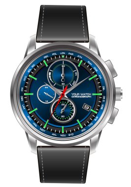 Çelik İzle chronograph gri kayışı deri üzerinde beyaz arka plan vektör çizim.