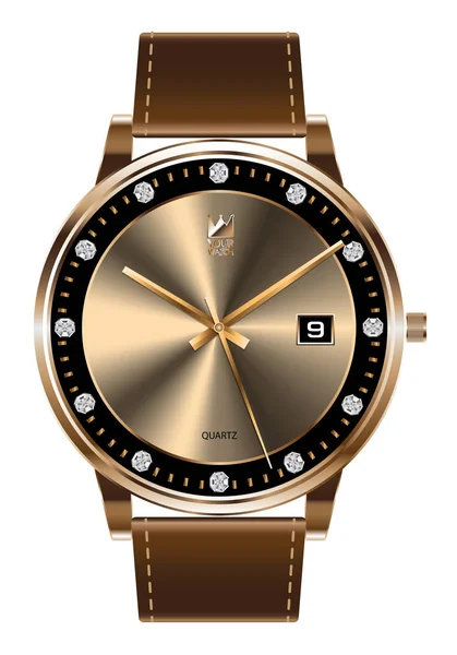 Reloj de pulsera de oro diamante correa de cuero marrón de lujo sobre fondo blanco vector ilustración . — Vector de stock