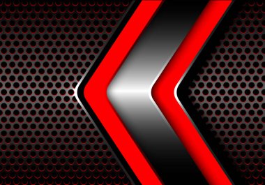 Gri daire kafes metal tasarım modern futuristik arka plan vektör çizim üzerinde kırmızı gümüş ok.