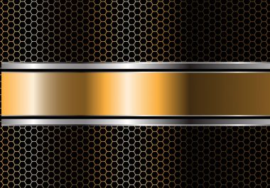 Soyut altın gümüş siyah çizgi afiş örtüşmeyi metal altıgen kafes tasarım modern lüks fütüristik arka plan vektör çizim.