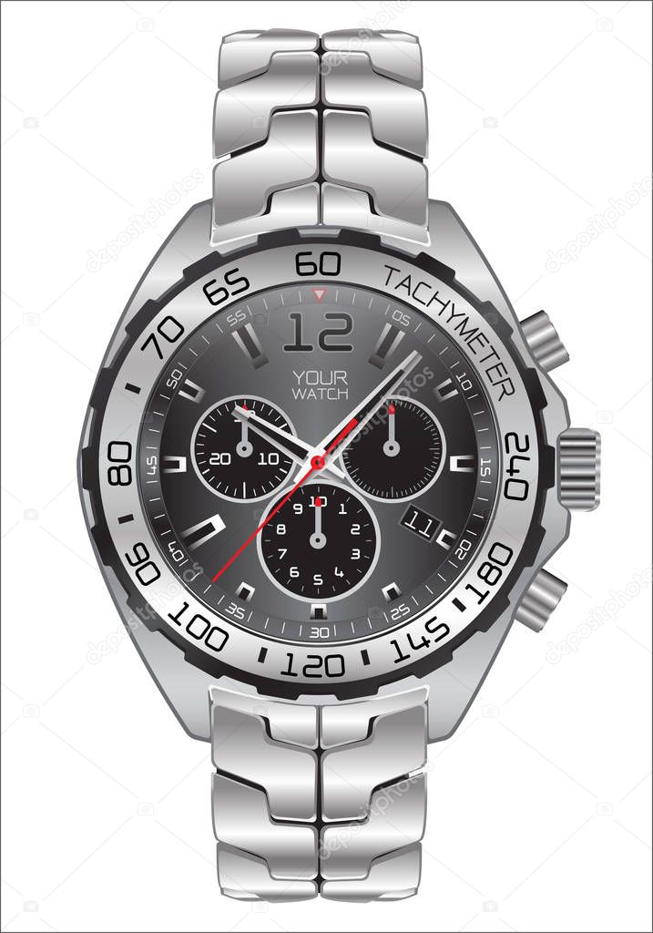 Realistic watch clock chronograph dark gray dial design for men fashion on white background vector illustration.