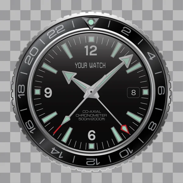 Reloj Realista Cronógrafo Esfera Acero Inoxidable Esfera Color Negro Patrón — Archivo Imágenes Vectoriales